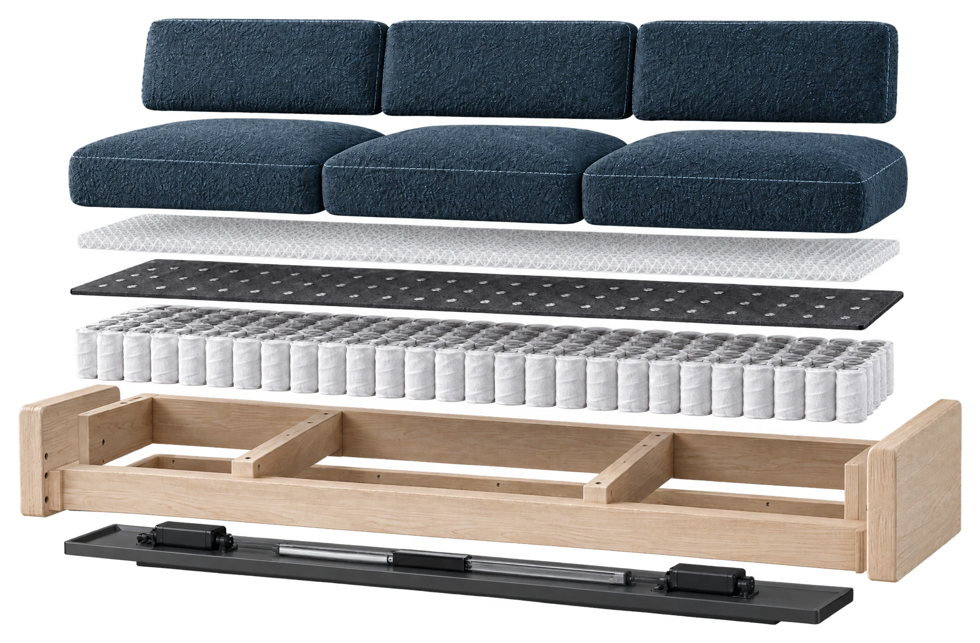SmartSofa in sieben Schichten zerlegt: Rückenkissen, Sitzkissen, Klimagewebe, Sensormatte, Federkern, Eschenrahmen, Aluminiumsockel mit Motoren